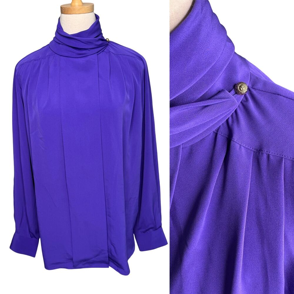 Foxcroft vintage pleated mock neck royal purple secretary blouse size 10 medium